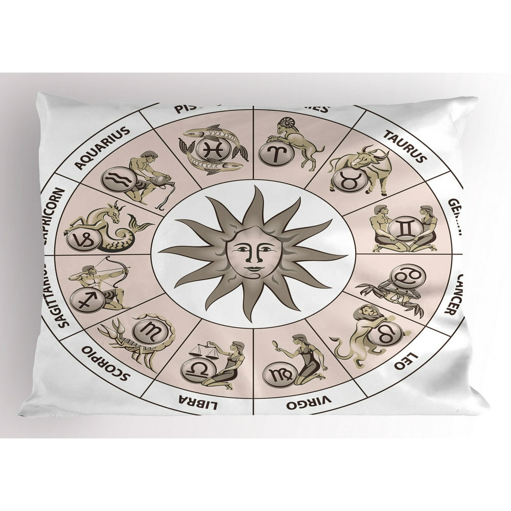 Astrology Pillow Sham Wheel Circle of Zodiac Signs with Sun Seem Image ...