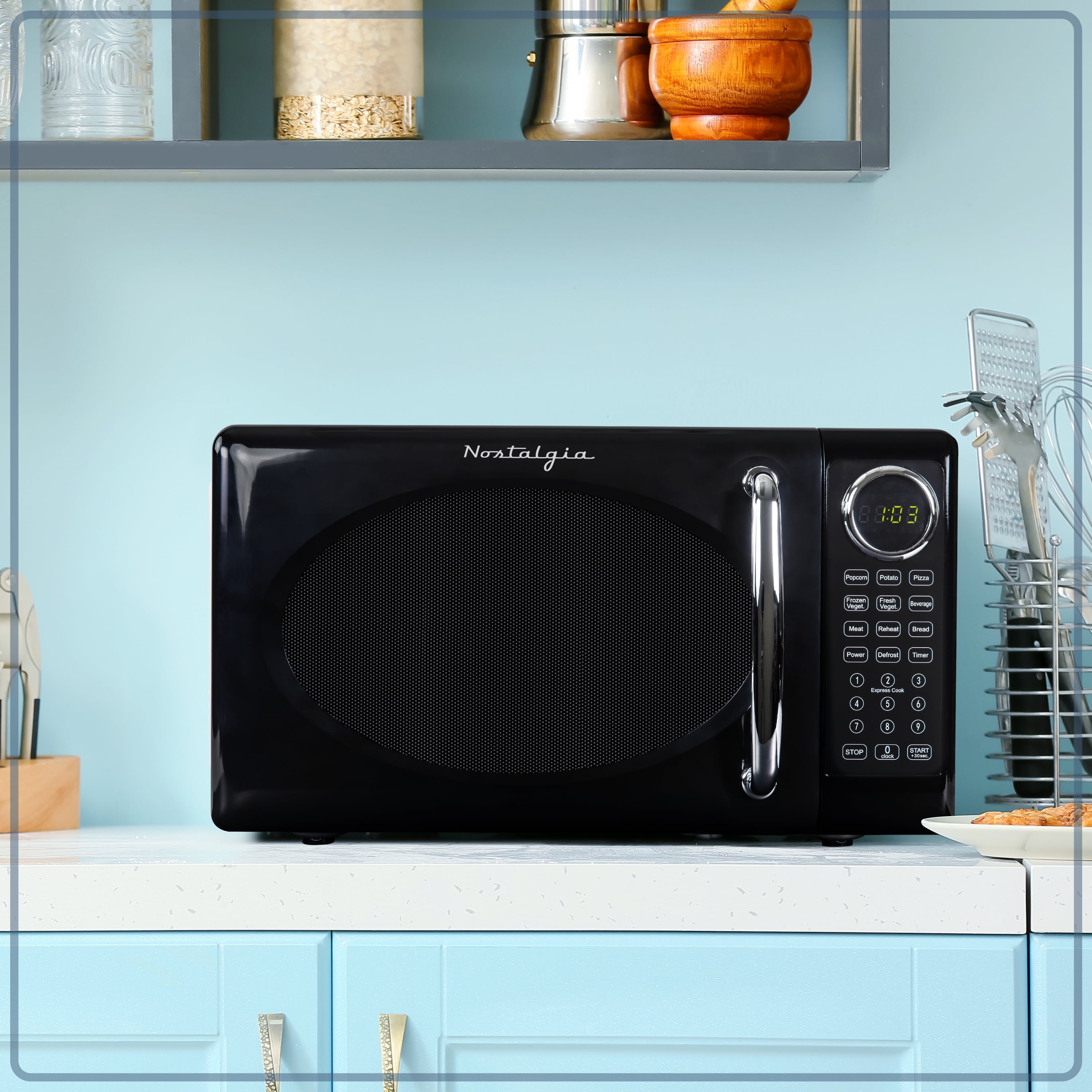 Nostalgia 0.7 cu ft Retro Microwave Oven, 700W Countertop Microwave Oven with 8 Auto Cook Programs, Black