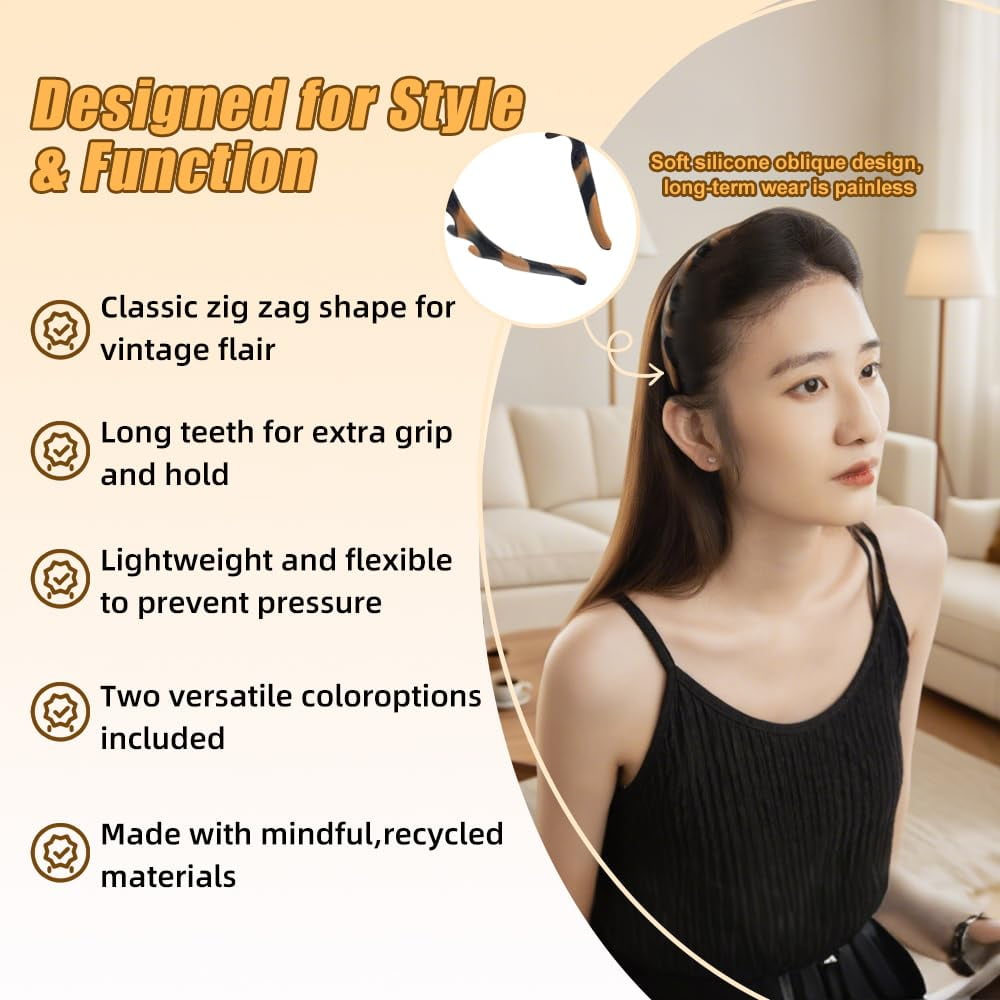 Spring Headbands for Women, Silicone U-Shape Zig Zag Hair Comb Headband, Non-Slip Reversible Korean Style High Volume Hair Band