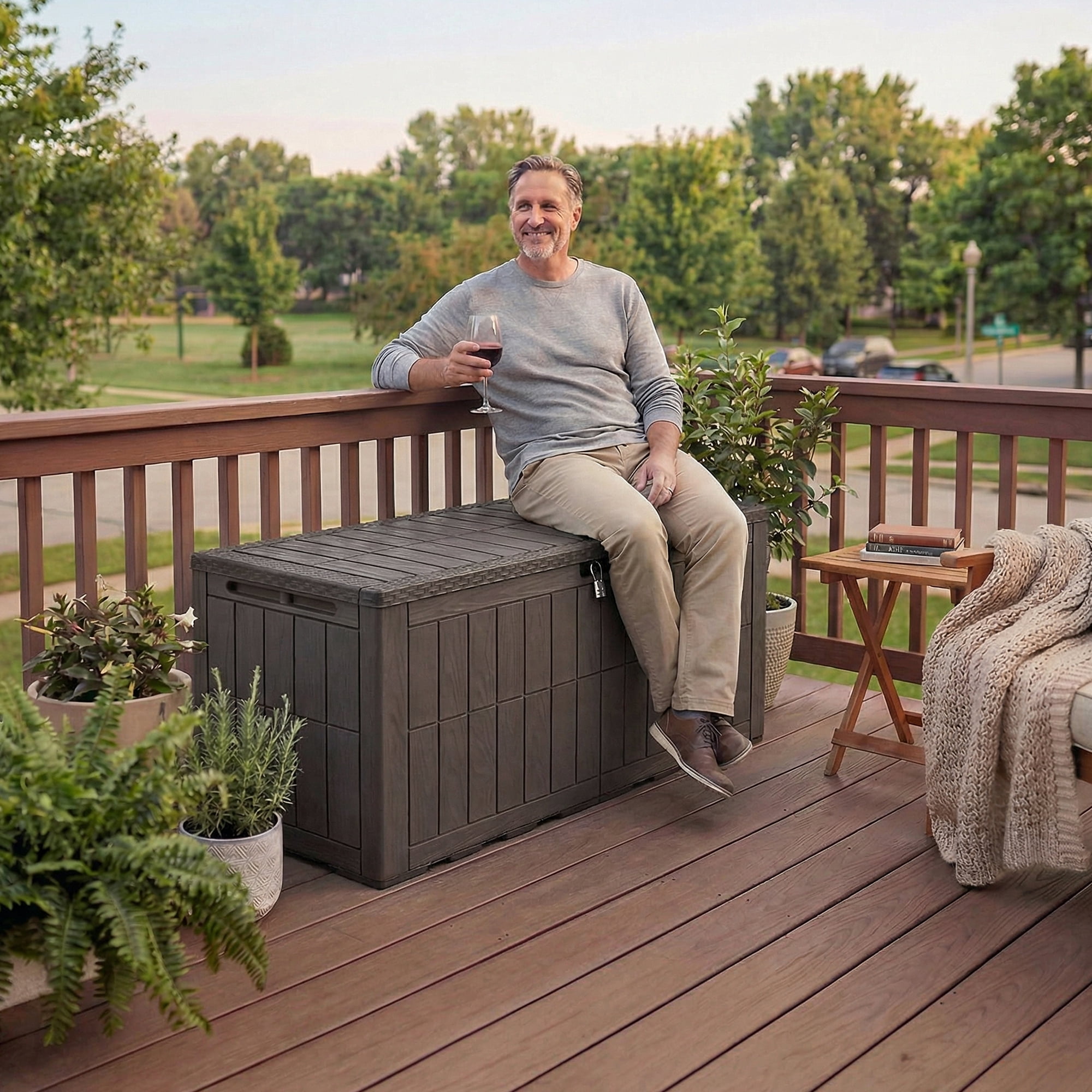 Uforic 134 Gallon Large Outdoor Deck Box, Waterproof Resin Patio Storage Box with Lockable Latch, 2-Person Bench Seat Design for Patio Cushions, Garden Tools and Pool Accessories, Dark Brown