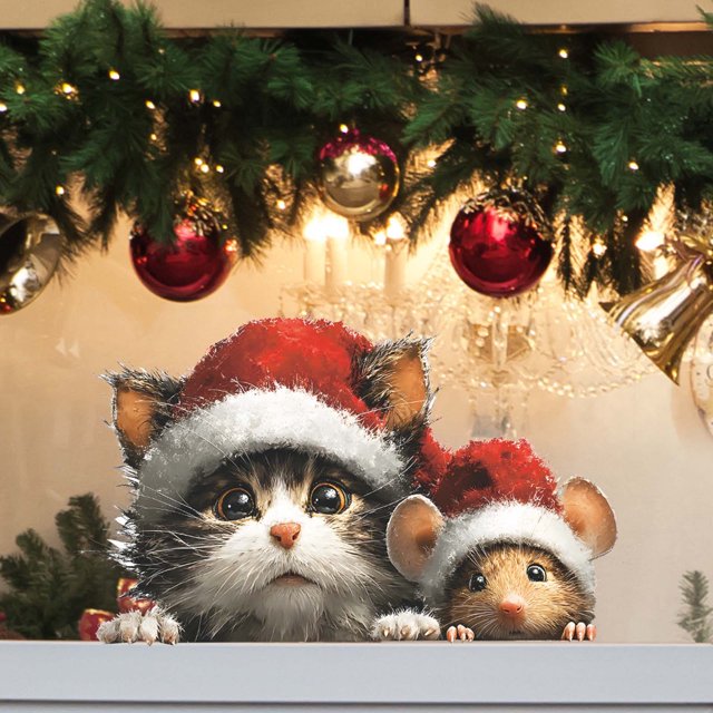 Pegatinas navideñas para ventanas - Gatos y ratones con sombreros navideños, decoración festiva para la pared de 17x28 pulgadas, vinilo extraíble para cristal