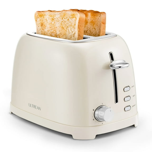 Ultrean Toaster 2 Slice with Extra-Wide Slot, Retro Stainless Steel Toaster with Removable Crumb Tray, Small Toaster with 6 Browning Settings, Cancel, Bagel, Deforest Functions, 825 W, Cream