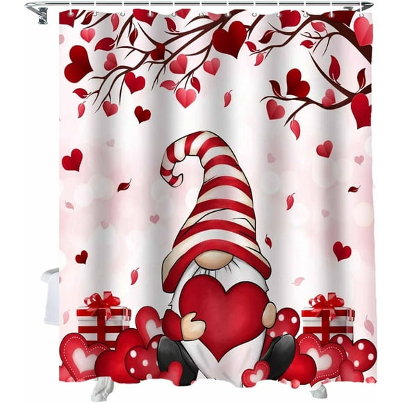 Rideau de Douche de la Saint-Valentin Gnome Rideaux de Salle de Bain avec Crochets, Tissu Imperméable Rouge Cœur d'Amour Rose Ensemble de Rideaux de Douche pour Baignoires de Salle de Bain Décor Romantique de la Saint-Valentin Cadeau 72x72 Pouces
