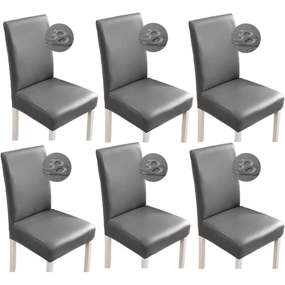 Stretch Dining Chair Covers - Waterproof PU Leather Slipcovers - Universal Chair Protectors for Dining Room, Kitchen, Hotel (Set of 6, Gray)
