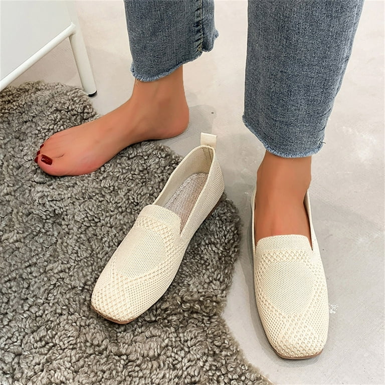 Women Loafers Ladies Fashion Square Toe Knit Hollow Out Breathable Flat  Soft Sole Casual Shoes