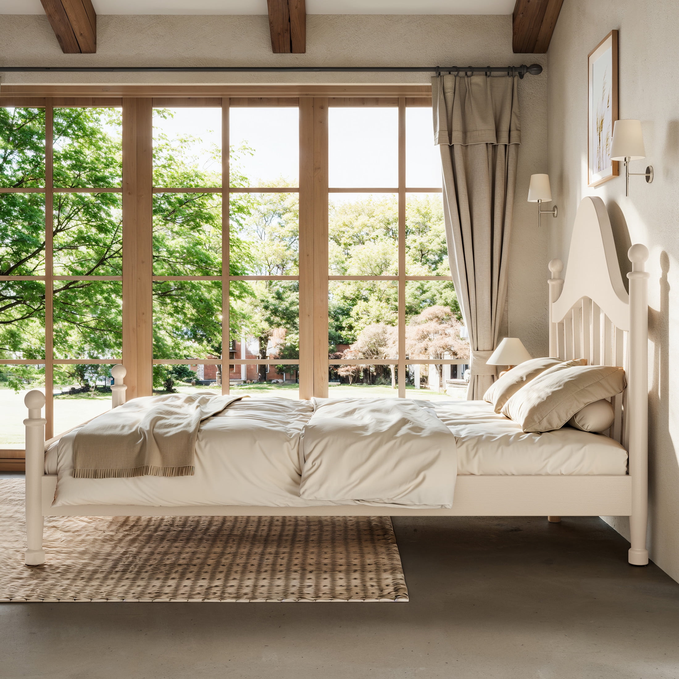 GDF Studio Full Size Platform Bed with Curved Headboard, Solid Pine Frame, Slatted Support, Beige