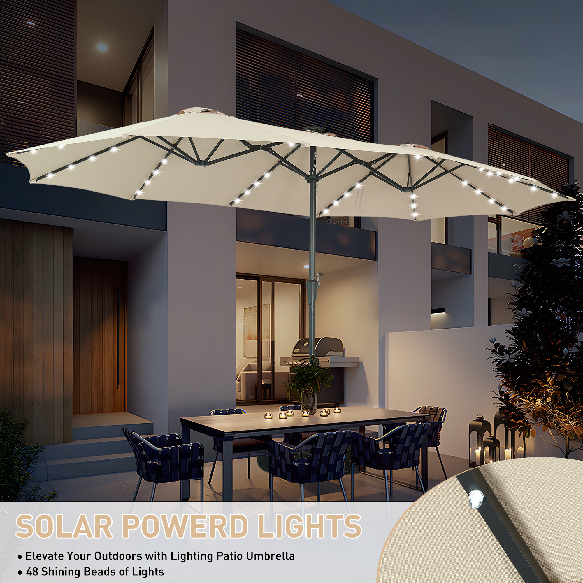 Autlaycil 15 ft Rectangle Patio Umbrella with Umbrella Base 48 LED lights for Market Patio Solar Umbrella (Khaki)