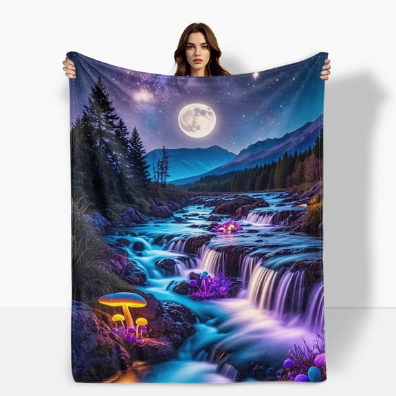 Night View Purple Trees Waterfall Cozy Flannel Blanket For Sofa Bed Travel Camping Living Room Office Chair Soft Warm Comfortable Polyester Gift For Family Or Friends