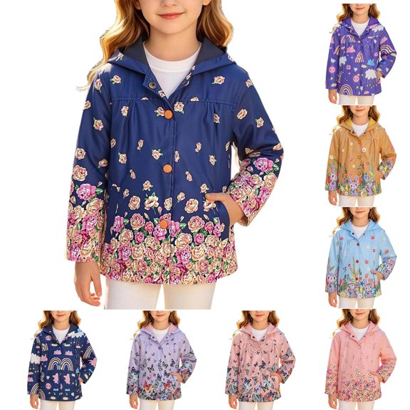 QSXADF Boys and Girls Hooded Windbreaker Jacket Printed Hooded Trench Coat Long Sleeve Button Front with Pockets Casual Lightweightful Jacket Fall Winter Coat for Children