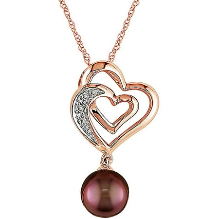 Asteria 7-7.5mm Chocolate Pearl and Diamond Accent 10kt Pink Gold Pendant, 17