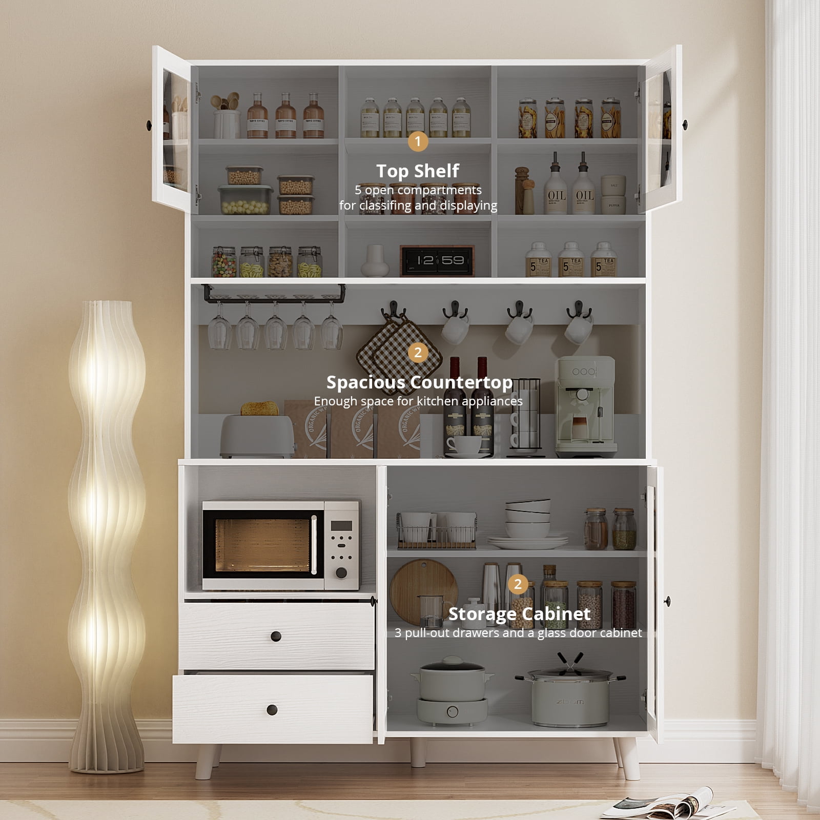 RichYa 72.5''H Pantry Cabinet with Doors & Drawers,Kitchen Storage Cabinet with Microwave Shelf & Wine Rack,Hutch Cabinet Coffee Bar for Dining Room,White