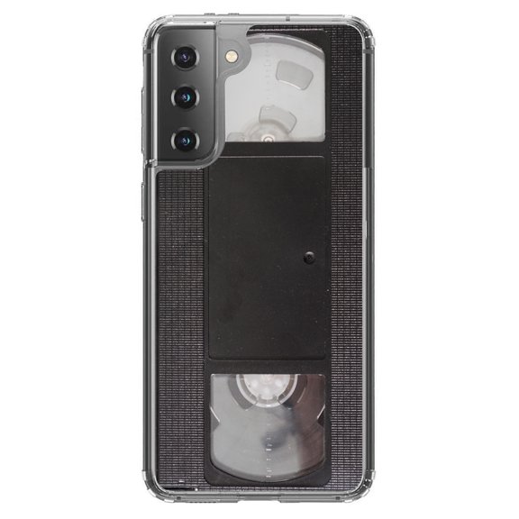 DistinctInk Clear Shockproof Hybrid Case for Galaxy S21  PLUS 5G (6.7" Screen) - TPU Bumper, Acrylic Back, Tempered Glass Screen Protector - VHS Video Tape