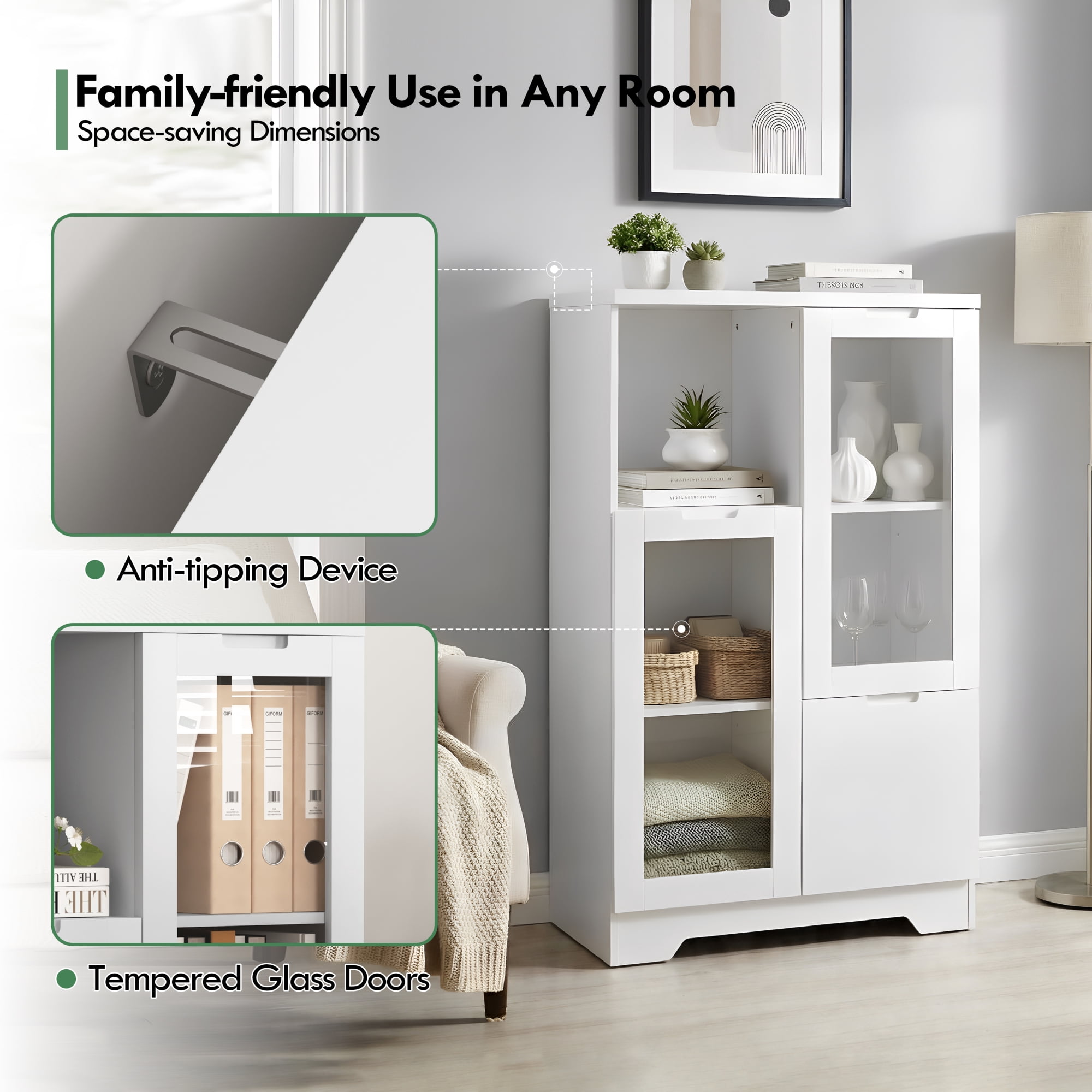 Leumius Sideboard Cabinet with Storage,Buffet Cabinet with Glass Doors & Drawer,Open Storage Cabinet for Living room,White