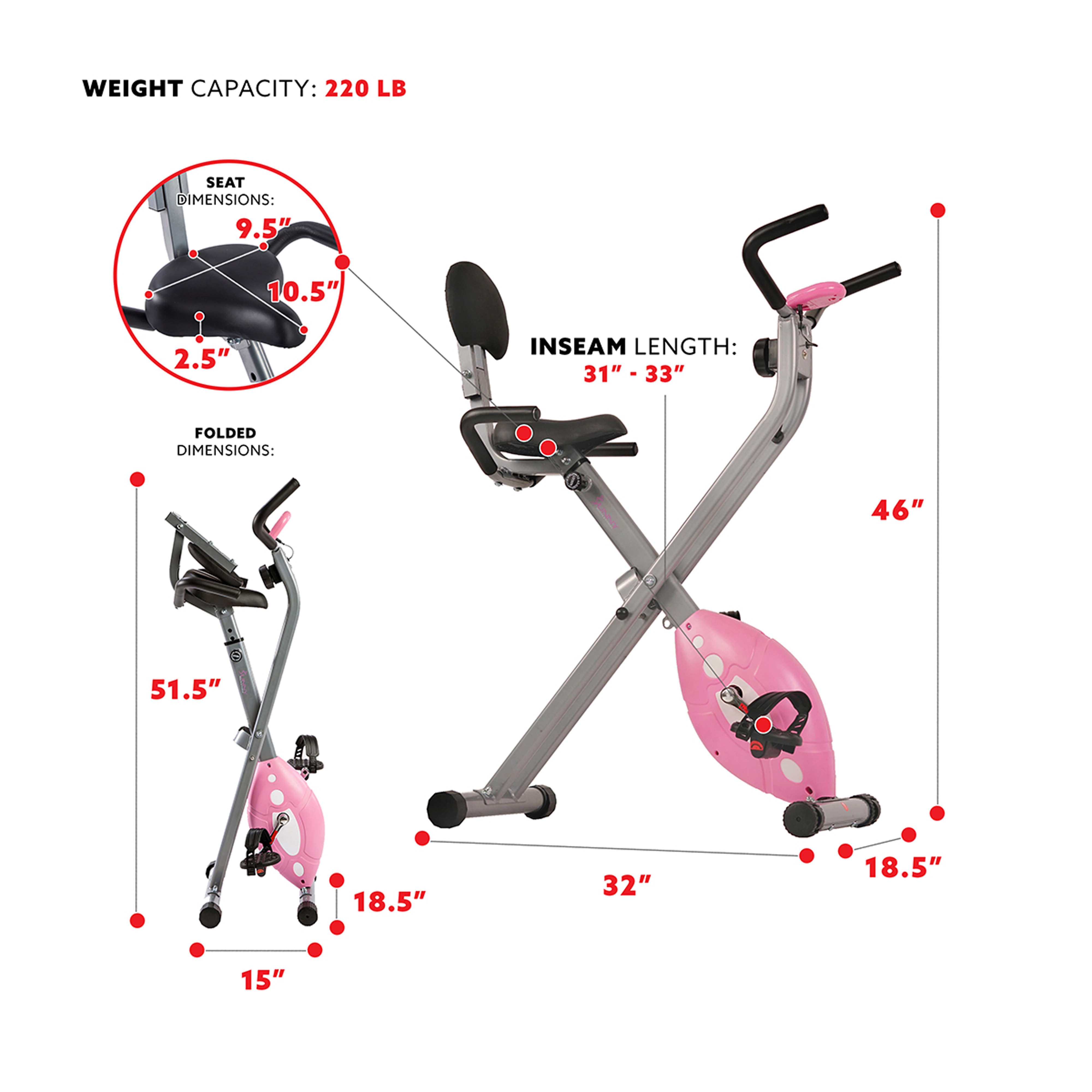 Sunny Health & Fitness Magnetic Folding Recumbent Bike Exercise Bike, 220lb Capacity - SF-RB1117 - image 5 of 11