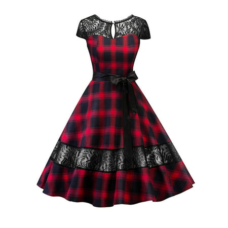 Women Lace Vintage 50s 60s Rockabilly Dress Backless Plaid Stitching Retro Pinup Homecoming Housewife Party