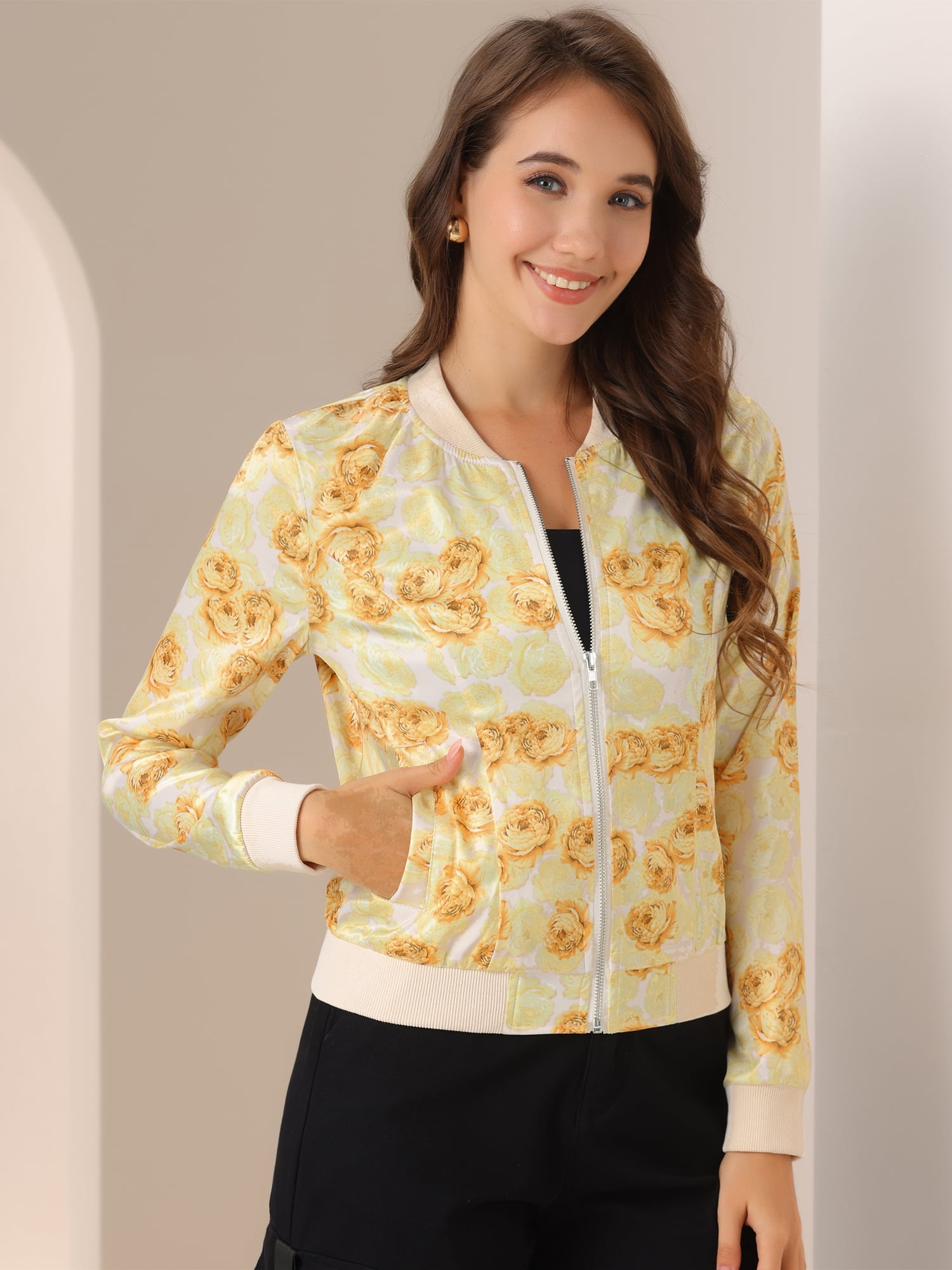 DARING DIVA Women's Stand Collar Front Zipper Satin Bomber Jacket XL Yellow