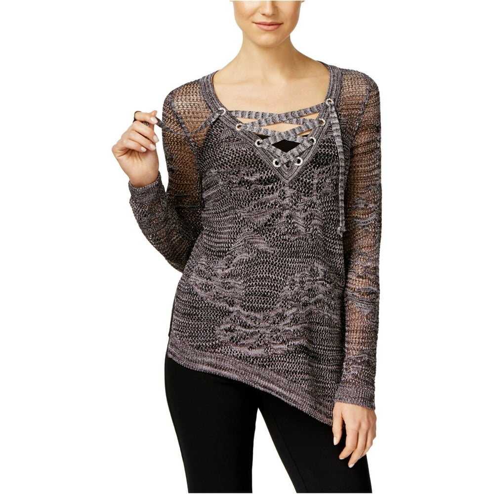 INC INC Womens Black Embellished Glitter Long Sleeve V Neck Sweater