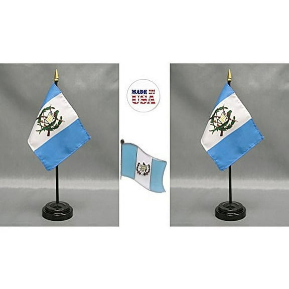 Guatemala Desk Flag Set; Two 4x6 inch American Made Table Flags with Two Bases