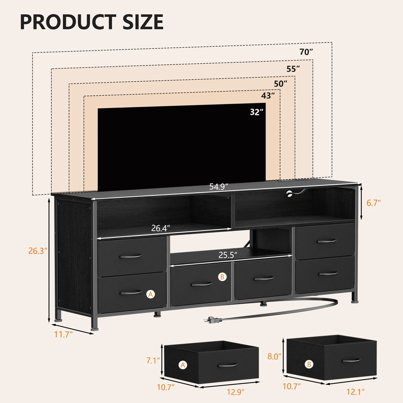 Tydimor 6-Drawer Fabric Dresser with LED Lights & Outlet, TV Stand with 3 Open Compartments, Metal Frame Anti-Tip Design, Fits 32"-70" TVs, for Bedroom or living room, Black (55")