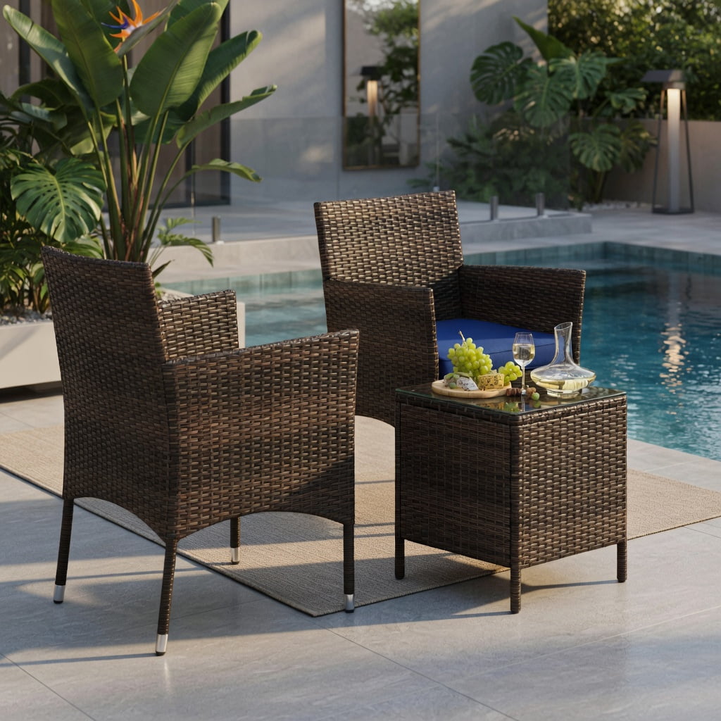 Hommoo 3-Piece Outdoor Patio Conversation Set, Cushioned Wicker Chairs + Square Tempered Glass Coffee Table, PE Rattan & Steel Frame, Navy