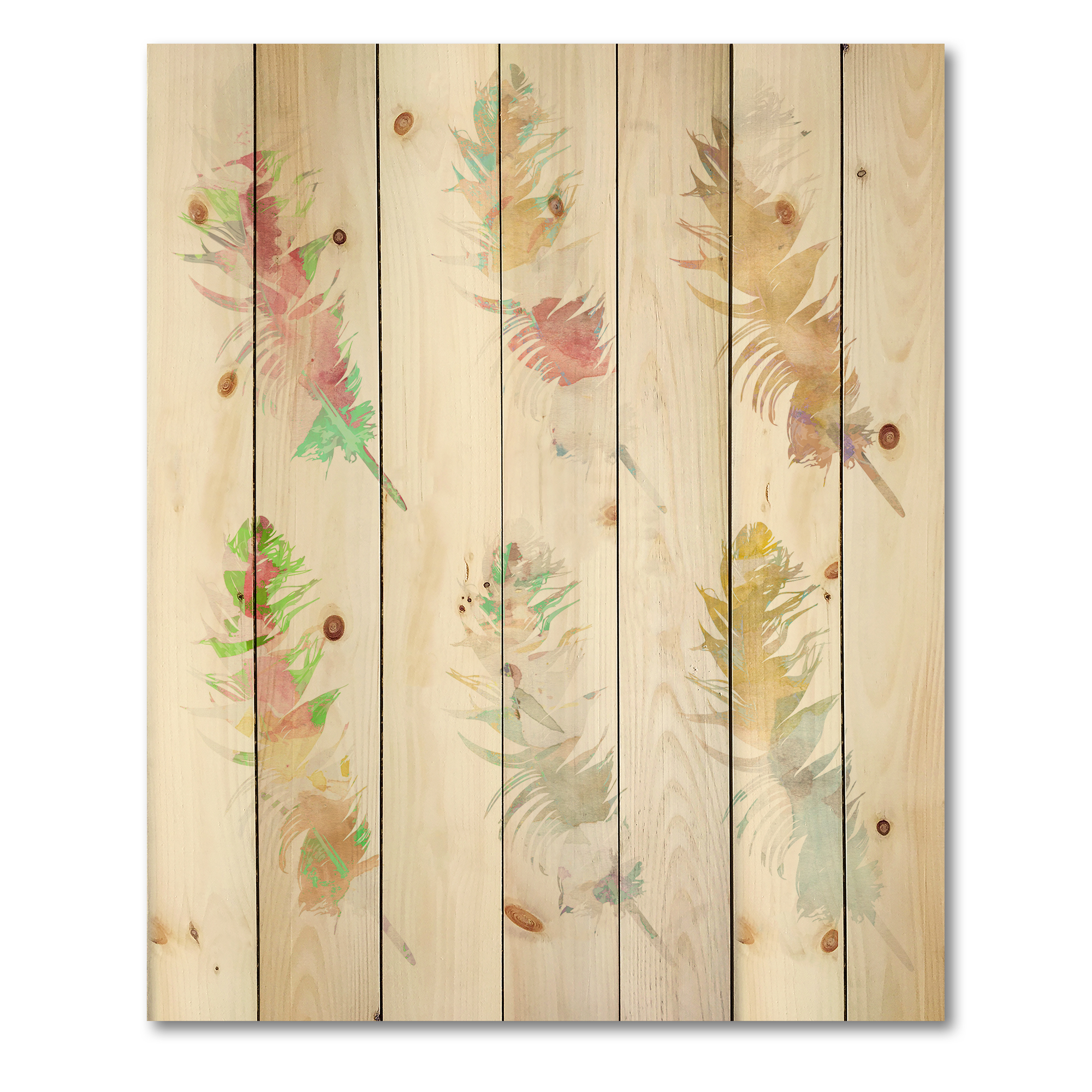 Designart 'Vibrant Boho Art Feather In Rustic Bright Colors' Bohemian & Eclectic Print on Natural Pine Wood