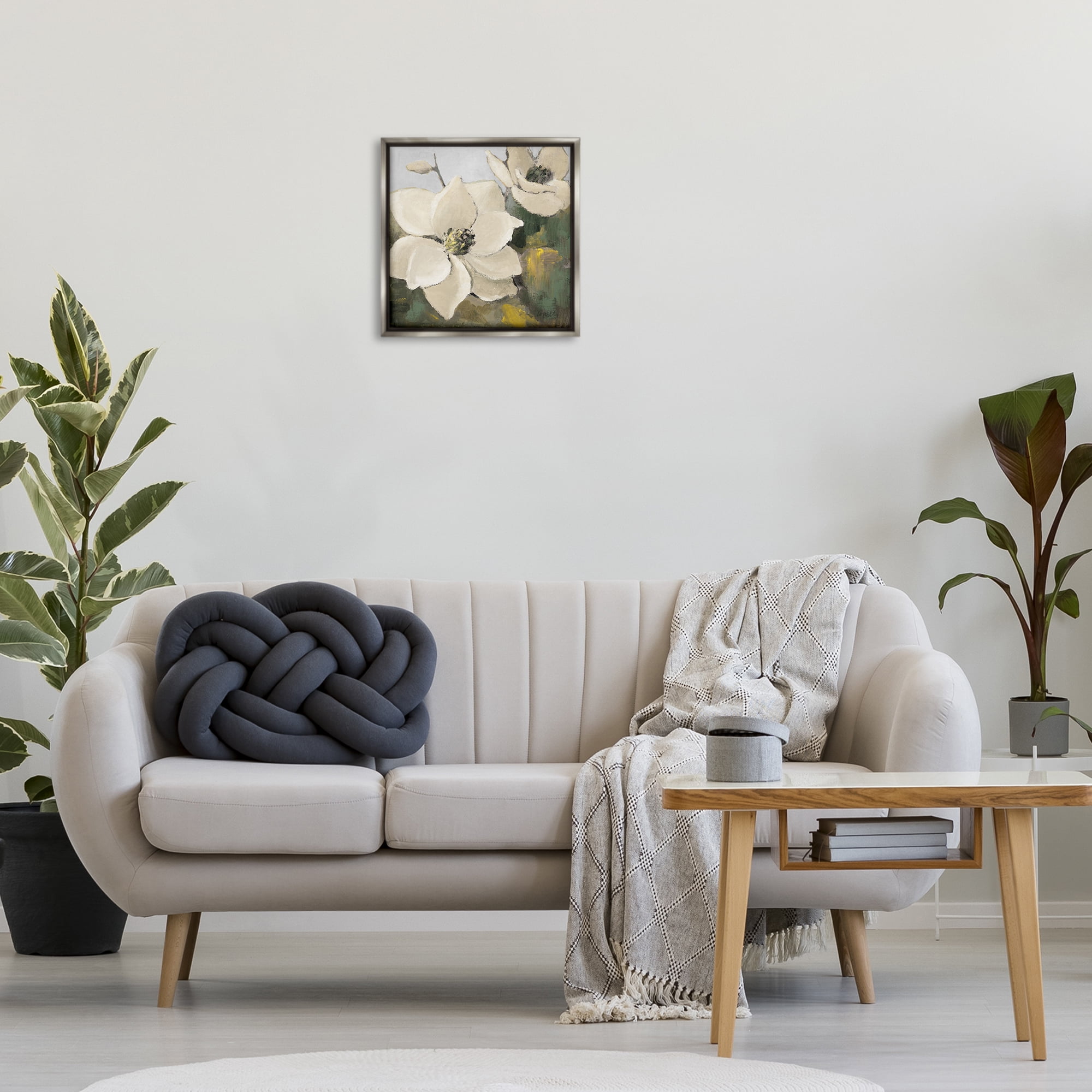Stupell Industries Two Magnolia Blossoms Botanical & Floral Painting Gray Floater Framed Canvas Art Print Wall Art, 18 x 18
