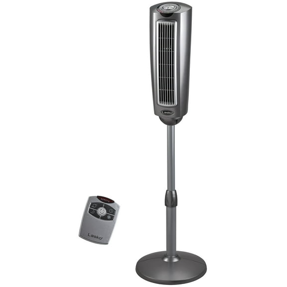 Lasko 52" 3-Speed Adjustable Oscillating Remote Controlled Pedestal Tower Fan, Gray, 2535