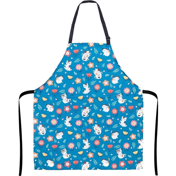 Cat Apron for Women with Pockets - for Kitchen, Grooming, Gardening, Painting, Cooking - Waterproof Cute Chef Apron, Colorful Fun with Flowers