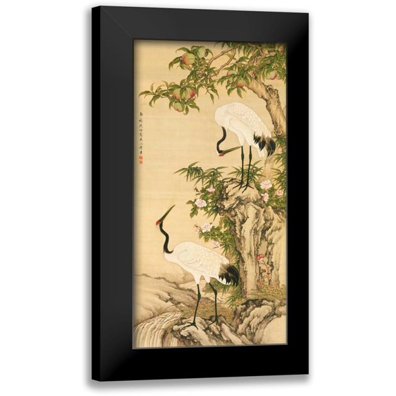 Anonymous 9x14 Black Modern Framed Museum Art Print Titled - Cranes, Peach Tree, and Chinese Roses