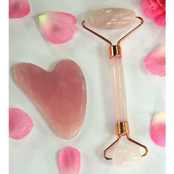 BigM Rose Quartz Facial Roller & Gua Sha Spa tools, Natural, Double Ended, Facial Anti-aging, De-Puffing functions, Helps Lymphatic Drainage Massage, Reduce Fine lines, wrinkles on Facial skin