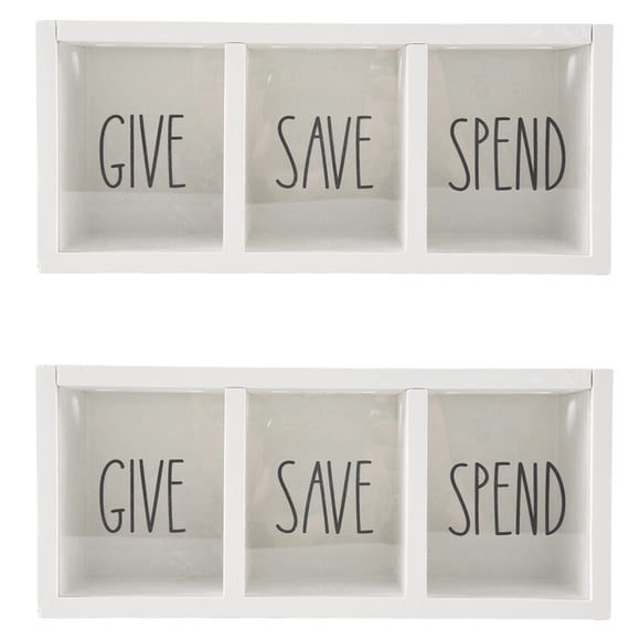 2X Wooden Give Save Spend Money Saving Box for Kids, Countertop Kid Piggy Bank for Daily Cash, White