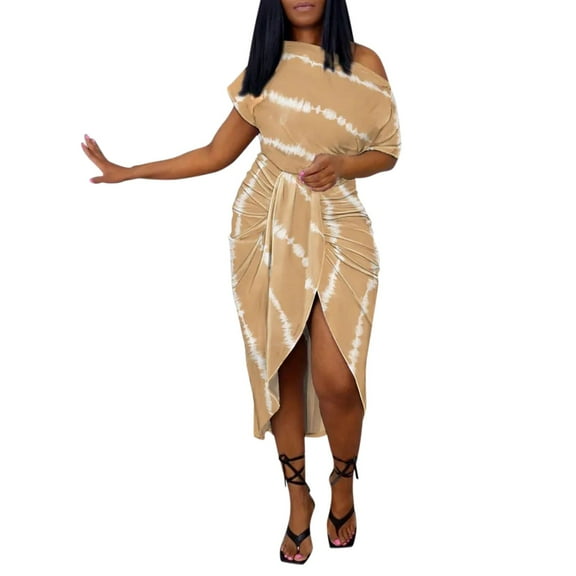 Sngxgn Women's A Line Midi Dress Straps V Neck Slit Party Slip Dress(Khaki,L)