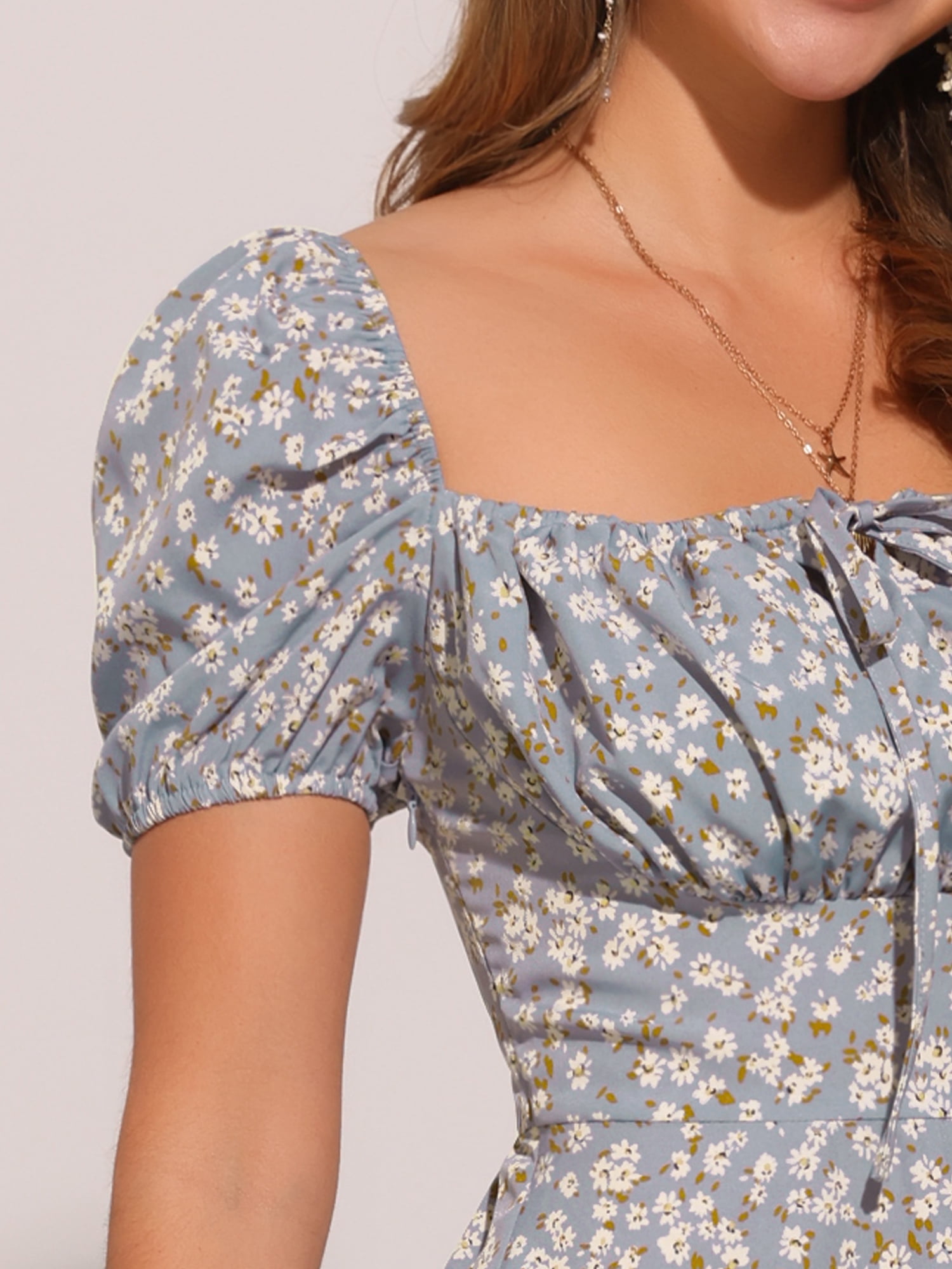 DARING DIVA Floral Puff Sleeve Smocked Square Neck Midi Dress L Gray Blue