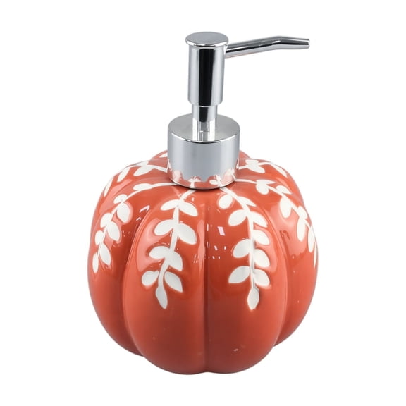 Pumpkin Shaped Soap Dispenser with Orange Floral Design and Chrome Pump, Fall Thanksgiving Kitchen or Bathroom Countertop Decor