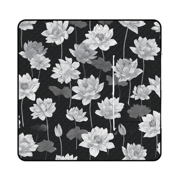 Elegant Monochrome Lotus Flower Pattern Waterproof Picnic Blanket with Foldable Zipper, Suitable for Outdoor Use, Suitable for Travel, Camping, Beaches, Parks, Grasslands, Picnic Blanket Accessories