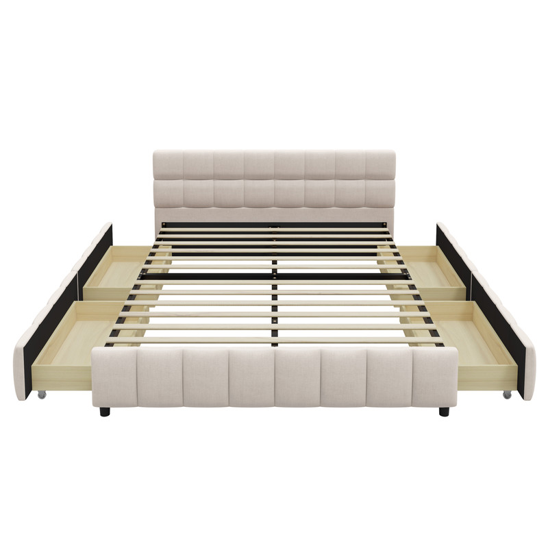 Queen Size Low Profile Platform Bed with Tufted Headboard, Linen Fabric Padded Storage Upholstered Bed Frame with 4 Drawers