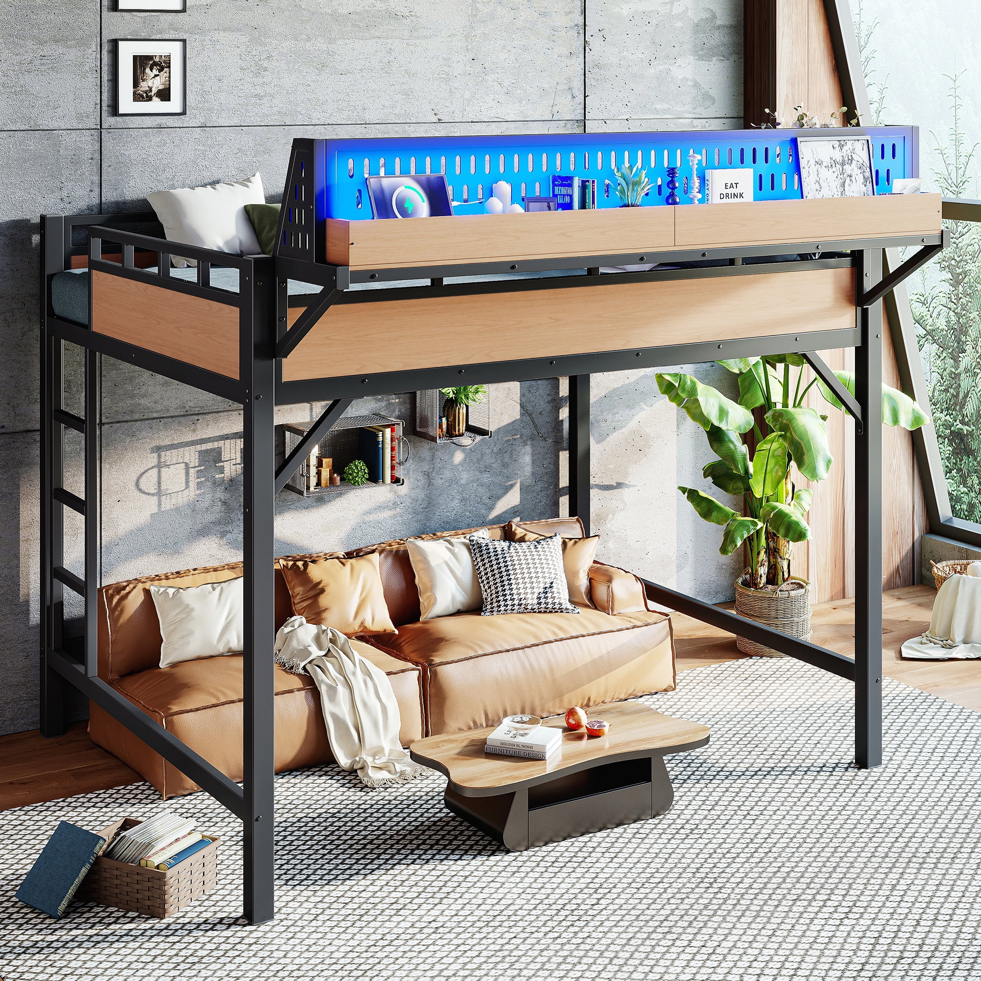 Mintazer Queen Size Loft Bed with LED Lights & Charging Station, Metal Loft Bed with Storage Shelves and Pegboard, Black & Natural