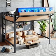 Queen Size Loft Bed with Storage Shelves and Pegboard, Metal Loft Bed Frame with USB Ports and LED Lights, Safe and Sturdy