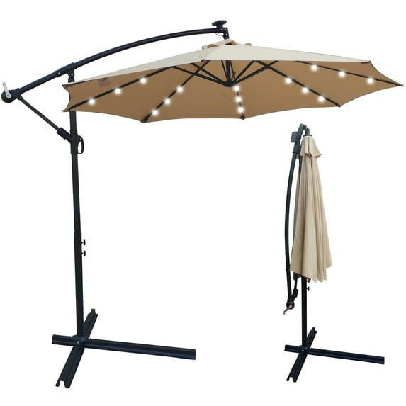 10ft Outdoor Solar LED Patio Umbrella, Offset Hanging Outdoor Umbrella with 24 LED Bulbs, Solar Panel, Crank & Cross Umbrella Base, Perfect for Patio, Yard, Garden, Deck, Poolside, Tan, D122