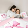 thumbnail image 4 of Feelyou Cute Watercolor Bow Bedding Comforter Set 7pcs for Child, Kawaii Bowknot Stars Pink King Bedding Sets, Dreamy Princess Ribbon Reversible Bed Sheets, Lightweight Room Decor, 4 of 7