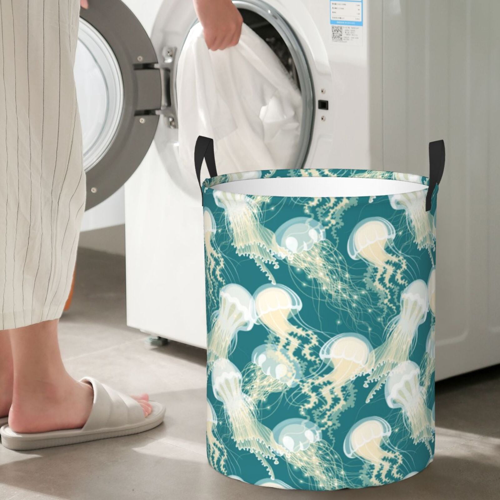 Large Laundry Basket with Handles - White Jellyfish Print Green Kids Baby Dirty Clothes Laundry Hamper for Bedroom Aesthetic