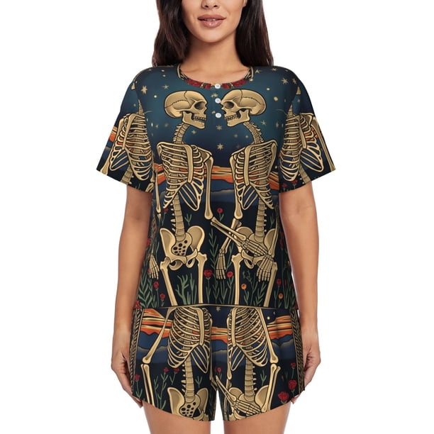 Fotbe Romantic Skeletons Under Moon Conjunto de Pijama Estampado para Mujer, 2 Piezas, Ropa de Dormir con Camiseta de Manga Corta y Shorts Suaves-3X-Large