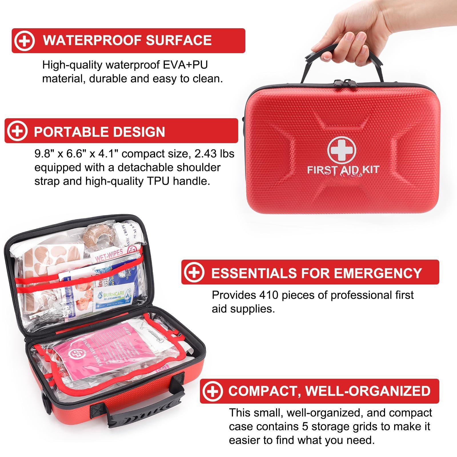 410 Piece Waterproof Hard Shell First Aid Kit For Home  Car Travel Camping Truck Hiking Sports Office Vehicle & Outdoor Emergencies - Emergency Kits (red)