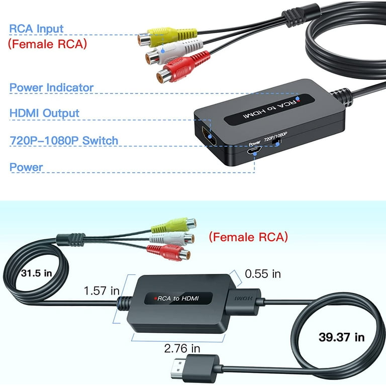 Female RCA to HDMI Cable Converter with HDMI and RCA Cables, CVBS