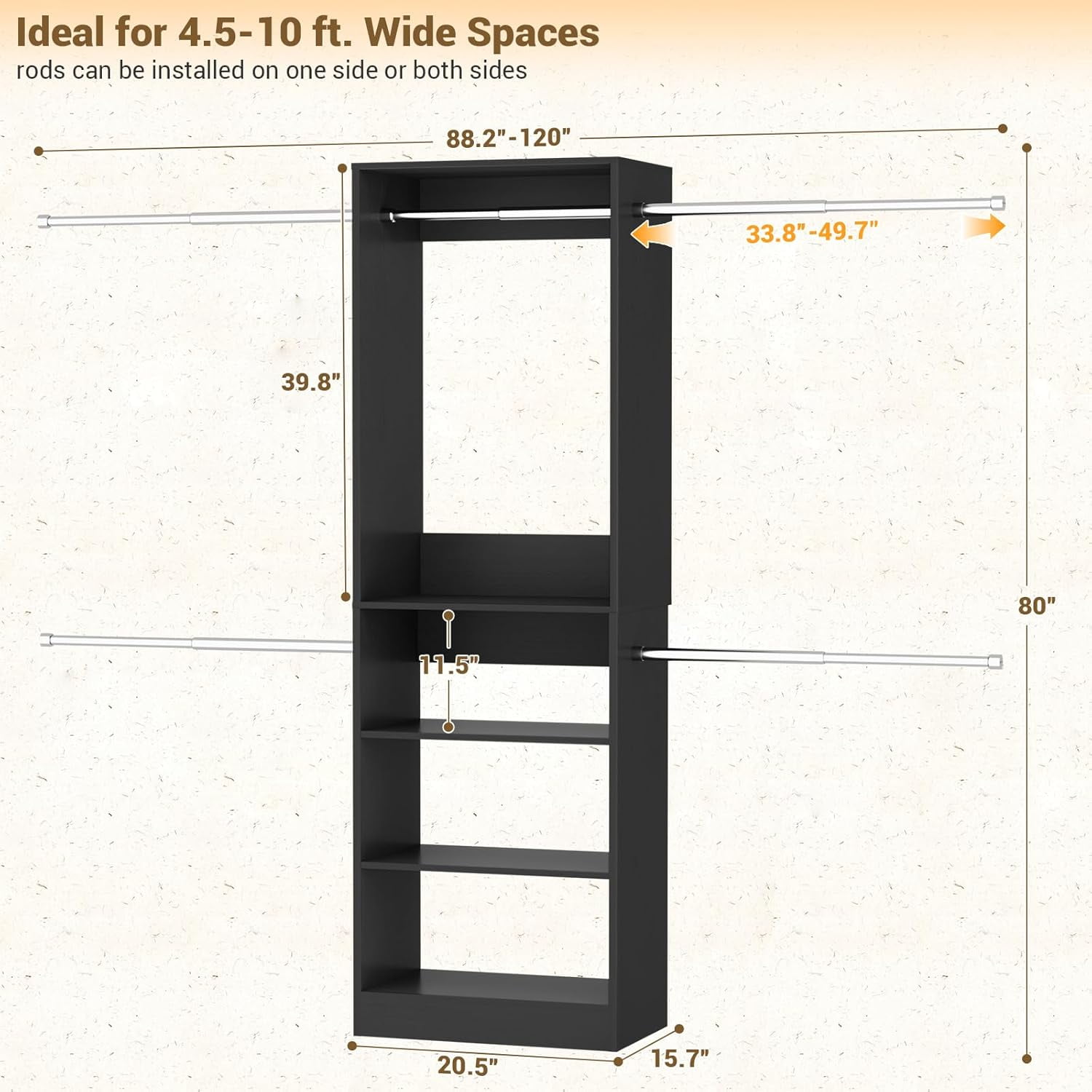 Homieasy Closet Organizers and Storage, 20.5-120'' W Closet System with 5 Hanging Rods, Shelving Tower, Wooden Walk-in Wardrobe Storage, Black