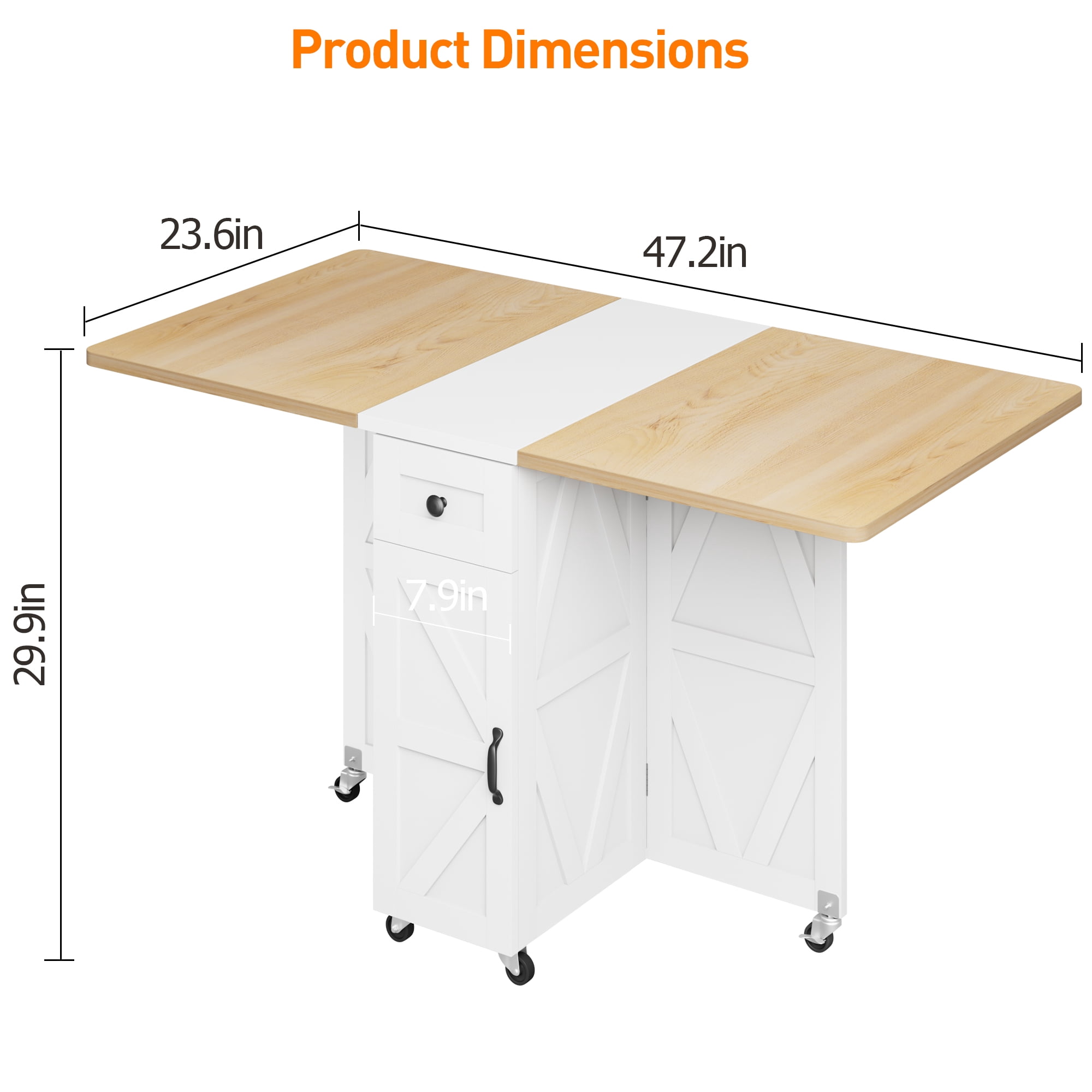 Hijob Space Saving Versatile Folding Kitchen Dining Table with Wheels & Storage Shelf for Small Apartment