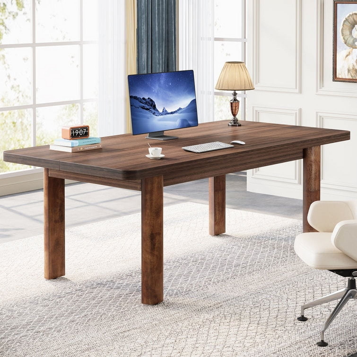 Tribesigns 63-Inch Executive Desk, Large Office Computer Desk with Solid Wood Legs, Simple Modern Study Writing Desk Workstation, Conference Table Business Furniture for Home Office, Brown