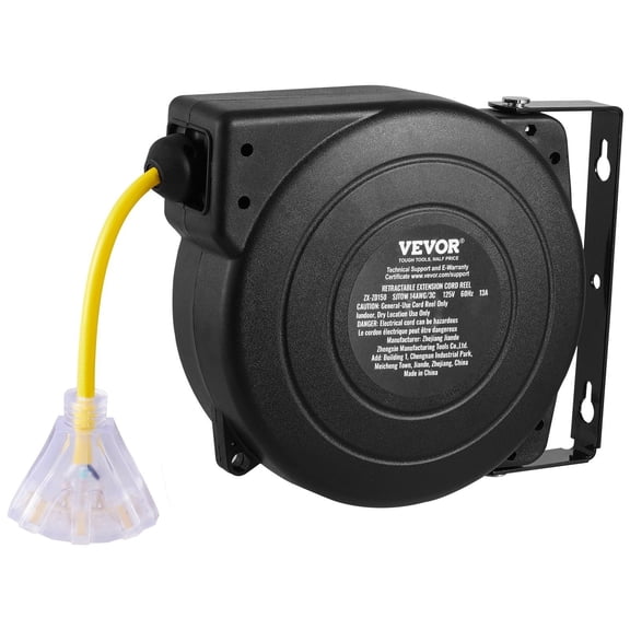 Retractable Extension Cord Reel 50FT, 14AWG 3-Outlet Power Cord, Heavy Duty SJTOW, 15A/1875W