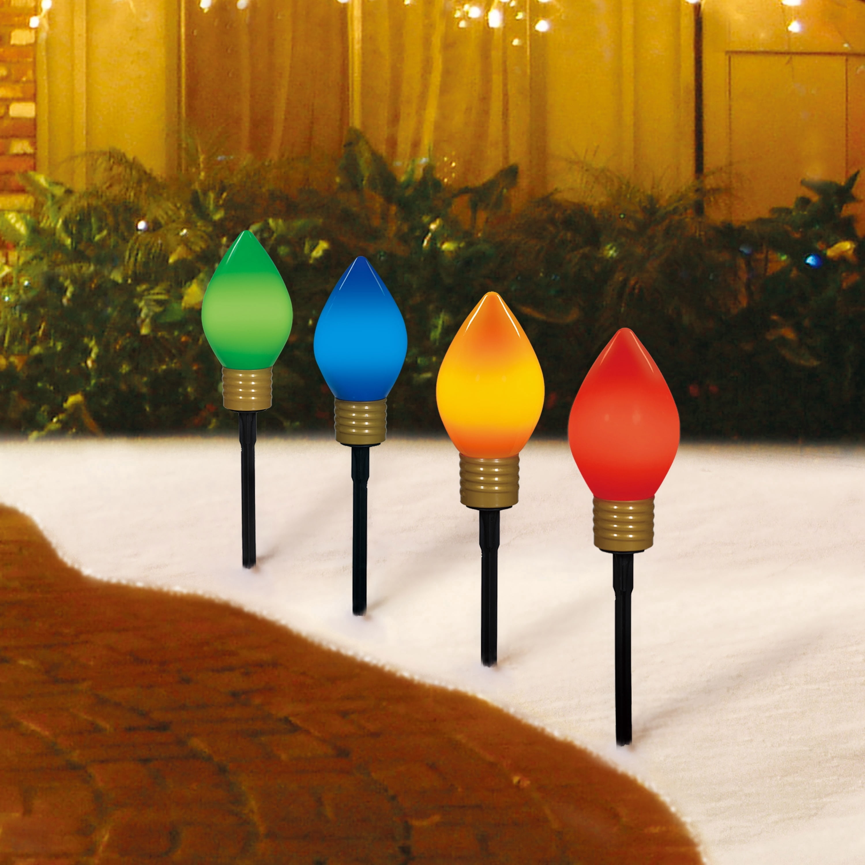 Indoor/Outdoor Jumbo LED C9 Christmas Bulb Pathway Lights, Ceramic Multicolor, Set of 4, by Holiday Time