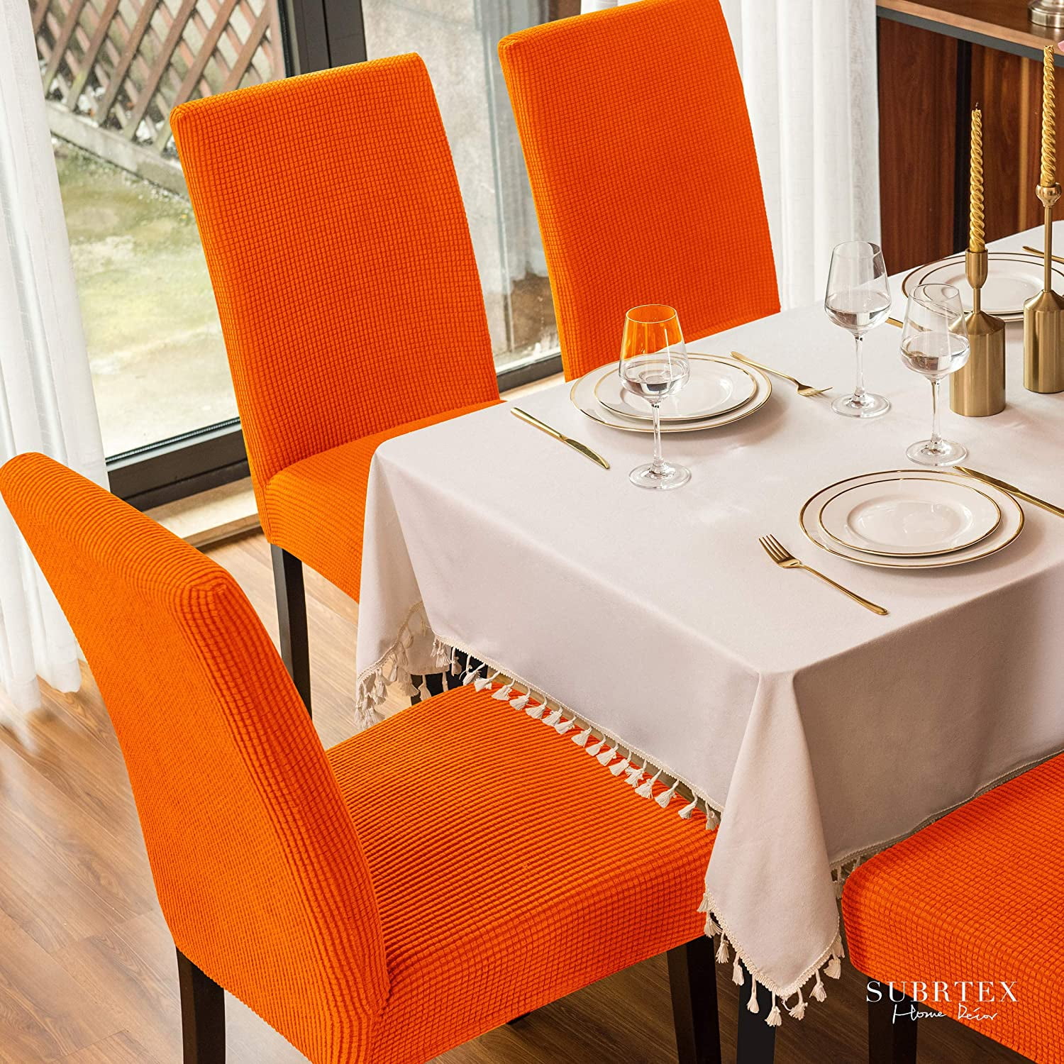 Subrtex Stretch Textured Grid Dining Chair Slipcover (Set of 2, Orange )